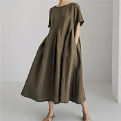 【ACheter】 短袖連身裙純色甜美森系圓領娃娃裙寬鬆大擺棉麻長裙洋裝# 117076 FREE 綠色