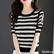 【MsMore】 短袖圓領條紋針織衫冰絲設計感寬鬆短版上衣# 117314 FREE 黑白色