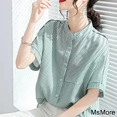 【MsMore】 後背印花條紋拼接寬鬆時尚短袖襯衫簡約休閒短版上衣# 117339 M 綠色