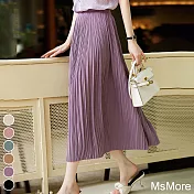 【MsMore】 滑垂墜料立體感 藝術細條褶皺高腰中長版百褶裙A字半身裙# 117361 FREE 紫色