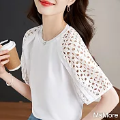 【MsMore】 法式白色鏤空短袖夏季棉設計感圓領短版純色上衣# 117386 M 白色