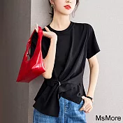 【MsMore】 黑色復古設計感圓領開叉T恤寬鬆顯瘦短版短袖上衣# 117393 M 黑色