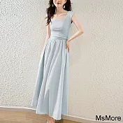 【MsMore】 藍色韓版森系甜美韓國東大門淑女方領修身抽繩設計背心連身裙長洋裝# 117404 M 藍色