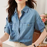 【MsMore】 氣質翻領牛仔襯衫通勤設計感可攀短袖復古短版上衣# 117413 L 藍色