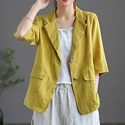 【ACheter】 原創純色棉麻西裝夏季新款復古文藝百搭七分袖小外套# 117486 L 黃色