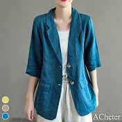 【ACheter】 原創純色棉麻西裝夏季新款復古文藝百搭七分袖小外套# 117486 L 藍色
