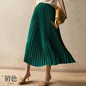【初色】彈性腰圍赫本風百褶長裙半身裙-共7色-66614(M-XL可選) XL 綠色
