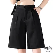 【初色】高腰闊腿顯瘦西裝短褲-共2色-60509(M-2XL可選) 2XL 黑色