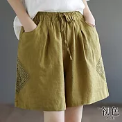 【初色】拼接鏤空鬆緊腰綁帶短褲寬褲-共6色-62771(M-2XL可選) XL 黃色