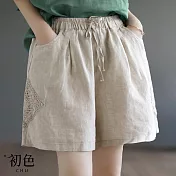 【初色】拼接鏤空鬆緊腰綁帶短褲寬褲-共6色-62771(M-2XL可選) XL 麻色