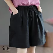 【初色】拼接鏤空鬆緊腰綁帶短褲寬褲-共6色-62771(M-2XL可選) XL 黑色