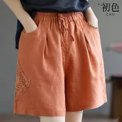 【初色】拼接鏤空鬆緊腰綁帶短褲寬褲-共6色-62771(M-2XL可選) XL 橘色