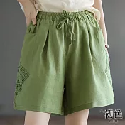 【初色】拼接鏤空鬆緊腰綁帶短褲寬褲-共6色-62771(M-2XL可選) XL 果綠色