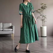 【ACheter】 民族風亞麻棉刺繡連身裙氣質短袖收腰長裙子寬鬆森系洋裝# 117540 M 綠色