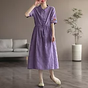 【ACheter】 民族風亞麻棉刺繡連身裙氣質短袖收腰長裙子寬鬆森系洋裝# 117540 M 紫色
