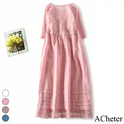 【ACheter】 夏季苧麻森系復古圓領連身裙長版短袖文藝收腰顯瘦洋裝# 117542 M 粉紅色