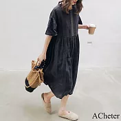【ACheter】 日系黑色大碼復古學院風棉麻亞麻短袖圓領寬鬆連身裙減齡中長洋裝# 117548 M 黑色