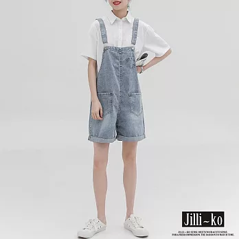 【Jilli~ko】夏季薄款捲邊寬鬆牛仔闊腿吊帶短褲 J10612  FREE 淺藍色