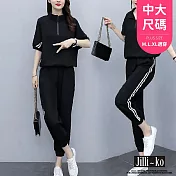 【Jilli~ko】兩件套拉鍊翻領連袖寬鬆休閒套裝 J10583  FREE 黑色