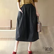 【初色】寬鬆棉麻風口袋A字半身裙-共4色-67191(M-2XL可選) XL 黑色