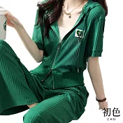 【初色】拉鍊連帽短袖T恤上衣+休閒闊腿長褲套裝-綠色-67584(M-2XL可選) M 綠色
