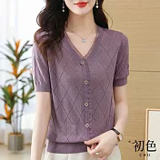 【初色】菱格鏤空蕾絲V領短袖冰絲針織開衫上衣-共4色-68212(F可選) F 紫色