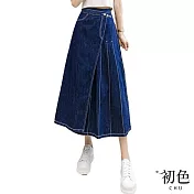 【初色】寬鬆百褶拼接不規則下擺休閒牛仔半身裙-藍色-68193(M-2XL可選) L 藍色