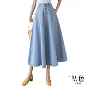 【初色】素色高腰遮肉顯瘦牛仔半身中長裙-共2色-68194(M-2XL可選) M 淺藍色