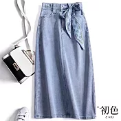 【初色】蝴蝶結印花綁帶純色牛仔半身裙中長裙-藍色-68237(M-2XL可選) XL 藍色