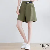 【初色】素色大碼寬鬆高腰休閒闊腿短褲-共5色-68187(M-2XL可選) M 軍綠色