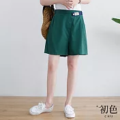 【初色】素色大碼寬鬆高腰休閒闊腿短褲-共5色-68187(M-2XL可選) M 墨綠色