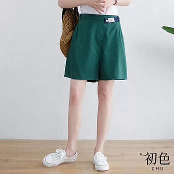 【初色】素色大碼寬鬆高腰休閒闊腿短褲-共5色-68187(M-2XL可選) XL 墨綠色