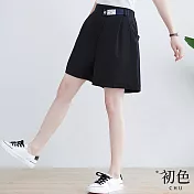 【初色】素色大碼寬鬆高腰休閒闊腿短褲-共5色-68187(M-2XL可選) XL 黑色