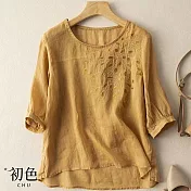 【初色】休閒復古寬鬆顯瘦刺繡T恤上衣-共4色-68275(M-2XL可選) M 黃色