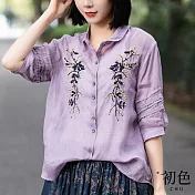 【初色】刺繡翻領圓領半透排釦五分袖短袖開衫襯衫上衣-共3色-68266(M-2XL可選) M 紫色