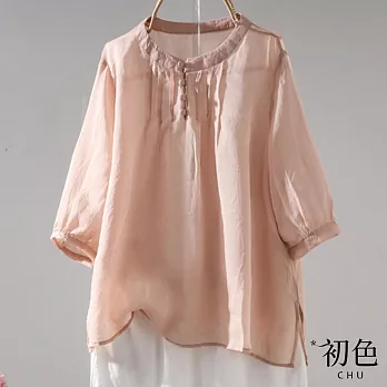 【初色】寬鬆復古文藝棉麻風薄上衣-共5色-67360(M-2XL可選) M 粉色
