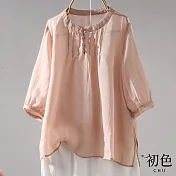 【初色】寬鬆復古文藝棉麻風薄上衣-共5色-67360(M-2XL可選) XL 粉色