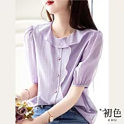 【初色】泡泡袖娃娃領翻領襯衫上衣-紫色-67603(M-2XL可選) M 紫色