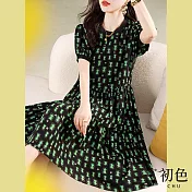 【初色】短袖圓領印花連衣裙連身洋裝-綠色-67620(M-XL可選) M 綠色