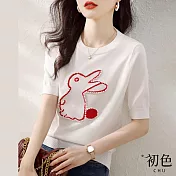 【初色】休閒圓領兔子印花釘珠點綴T恤上衣-共2色-67215(F可選) F 白色