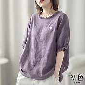 【初色】棉麻風木耳領刺繡圓領上衣-紫色-67335(L/XL可選) XL 紫色