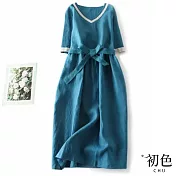【初色】純色復古V領棉麻寬鬆短袖中長連衣裙連身洋裝-共2色-67364(M-2XL可選) 2XL 藍色