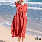 【初色】寬鬆圓領棉麻風口袋長款洋裝-共2色-67478(M-2XL可選) L 紅色
