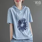 【初色】雛菊印花寬鬆棉麻短袖連帽T恤上衣-共4色-67363(L-2XL可選) XL 藍色
