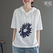 【初色】雛菊印花寬鬆棉麻短袖連帽T恤上衣-共4色-67363(L-2XL可選) XL 白色