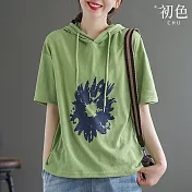 【初色】雛菊印花寬鬆棉麻短袖連帽T恤上衣-共4色-67363(L-2XL可選) L 綠色