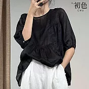 【初色】圓領不規則拼接褶皺設計T恤上衣-共3色-67362(L-2XL可選) XL 黑色