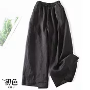 【初色】復古純色鬆緊腰直筒休閒寬褲-共5色-67429(M-2XL可選) XL 黑色