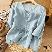 【初色】七分袖V領純色寬鬆顯瘦襯衫上衣-共4色-67346(M-2XL可選) M 藍色