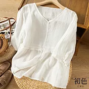 【初色】七分袖V領純色寬鬆顯瘦襯衫上衣-共4色-67346(M-2XL可選) XL 白色